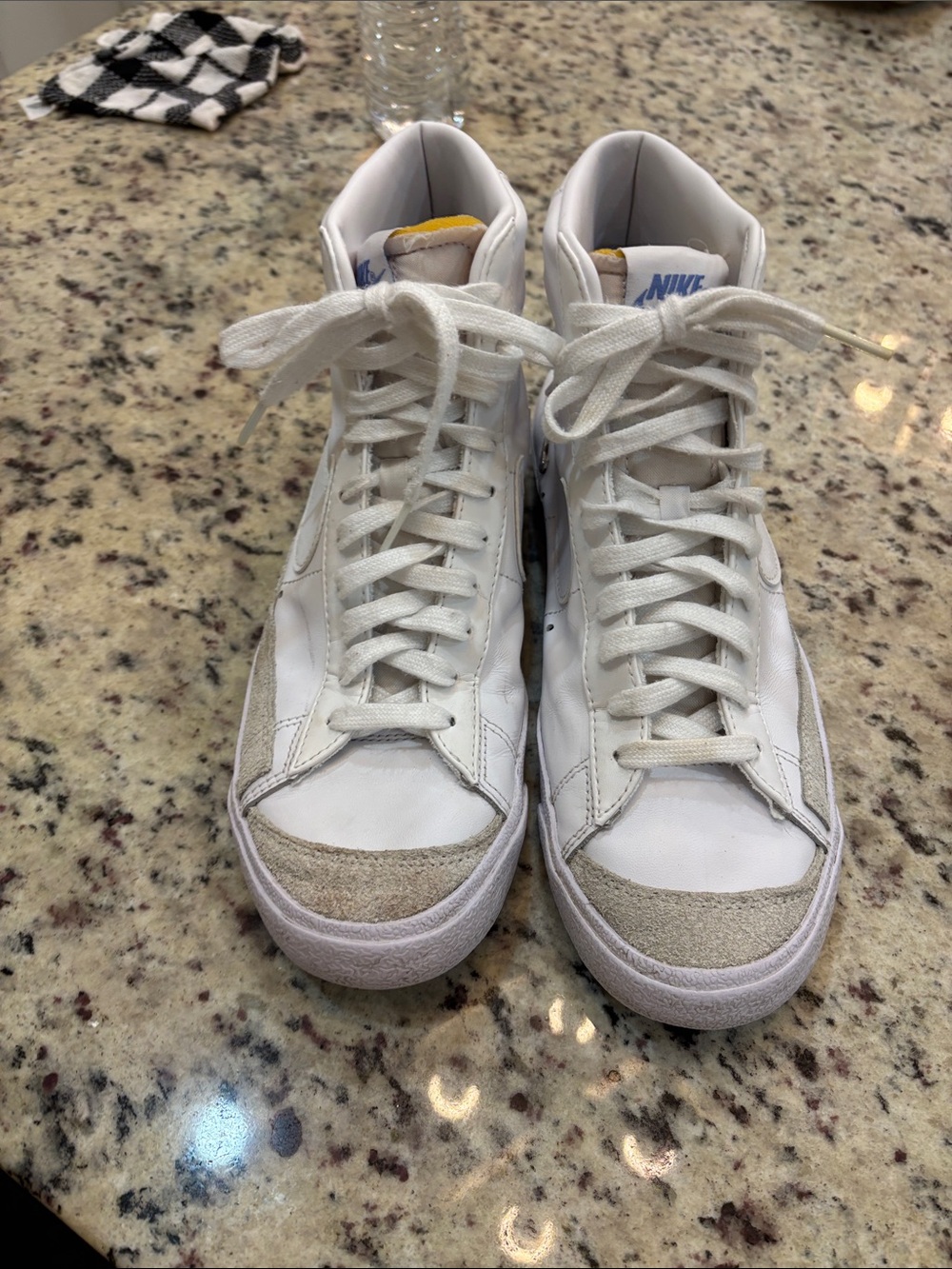 Nike White High-Top Sneakers with Gray Suede Toe and Yellow Tongue Tab - Picture 2 of 6
